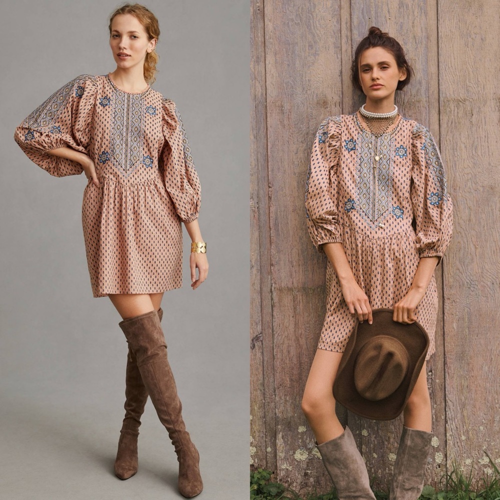 BY ANTHROPOLOGIE Embroidered Boho Tunic Mini Dress Women’s Size M